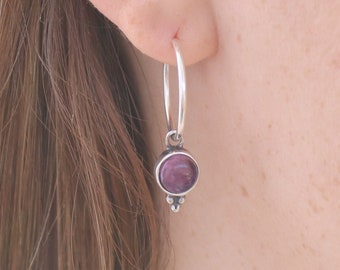 Amethyst hoop earrings, Sterling silver Amethyst dangle hoop earrings, Simple Amethyst stone hoop earrings with dots