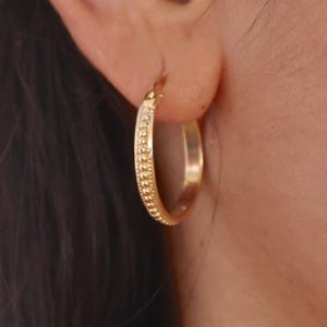 Solid 14k gold hoop earrings vintage style, Textured hoop earrings