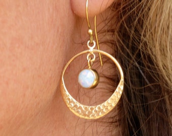 Opal gold dangle hoop earrings, White Opal circle Earrings