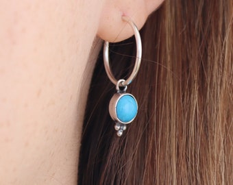 Turquoise hoop earrings, Sterling silver Turquoise dangle hoop earrings, Simple Turquoise stone earrings with dots