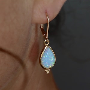 Gold Opal teardrop dangle earrings for woman, Vintage earrings, White opal drop earring image 2