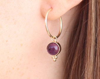 Amethyst hoop earrings, Gold filled Amethyst dangle hoop earrings, Simple Amethyst stone hoop earrings with dots