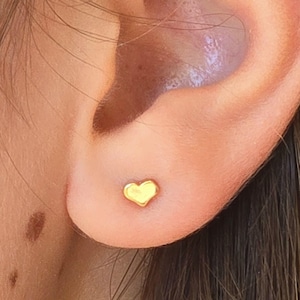 Tiny heart 14k gold stud earrings, Solid gold heart stud earrings