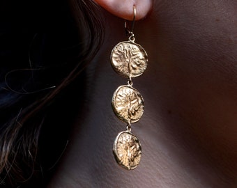 Long gold coin dangle earrings, Triple disk gold earrings