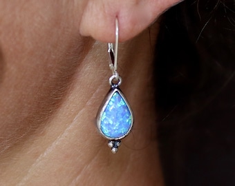 Blue Opal Sterling Silver teardrop Dangle Earrings: October Birthstone