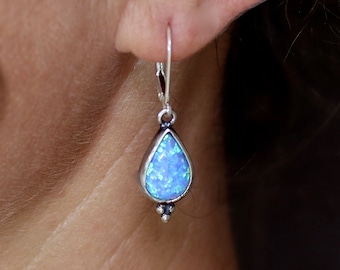 Blue Opal sterling silver drop dangle earring for woman, Unique earring, Vintage earrings, Boho earring