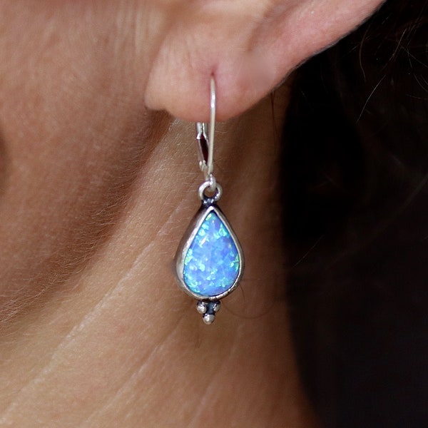 Boucle d’oreille pendante en argent sterling Blue Opal pour femme, boucle d’oreille unique, boucles d’oreilles vintage, boucle d’oreille Boho