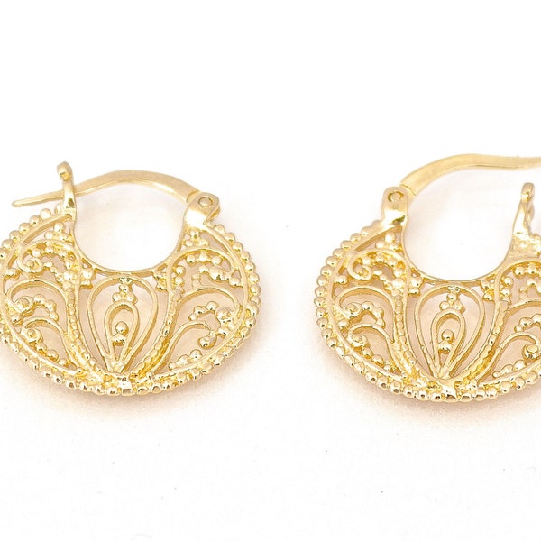 14k solid gold filigree hoop earrings