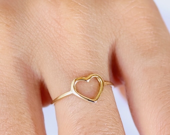 14K solid gold heart ring, open heart ring band