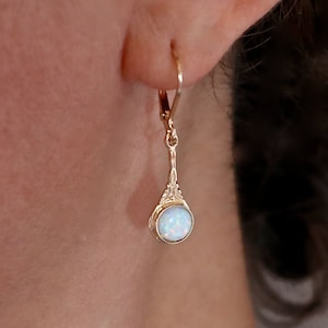 Opal 14k gold dangle Earrings, White opal earrings