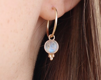 Moonstone earrings, Moonstone gold dangle hoop earrings