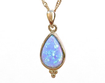 Blue Opal teardrop solid 14k gold necklace pendant