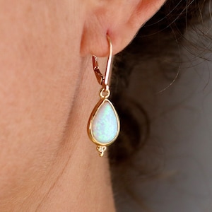 Opal earrings, White Opal teardrop 14k solid gold dangle earring for woman