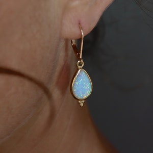 Gold drop stone dangle earrings for woman, White opal gold earring