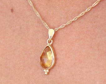Citrine 14k gold Teardrop Necklace Pendant for Women, Gemstone Jewelry Gift