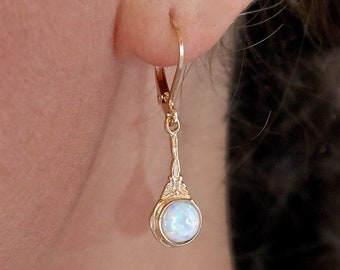Opal gold dangle earrings, Real solid 14k gold earrings, White opal victorian earrings