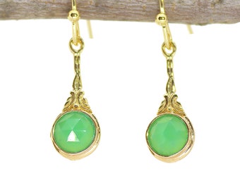 Jade earrings, Victorian gold green stone dangle earrings for women