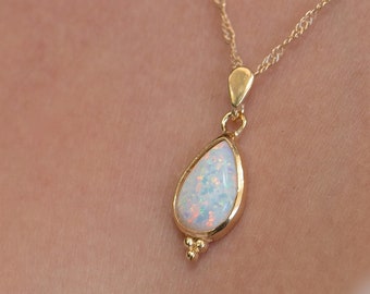 Opal drop Necklace, Gold white opal necklace, Elegant drop gold Pendant for women
