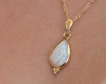 Opal Drop Gold Necklace, White opal necklace, Elegant drop gold Pendant for women