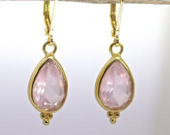 Rose quartz earrings, Teardrop pink stone gold dangle earrings