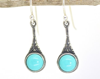 Turquoise earrings, Sterling silver 925 dangle stone earrings victorian style