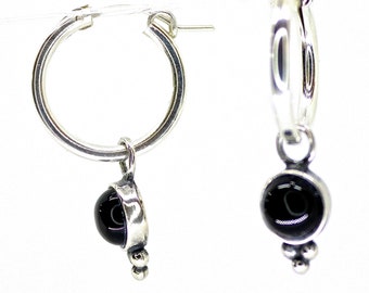 Black hoop earrings, Onyx dangle earrings, Thick silver 925 hoop dangle earrings