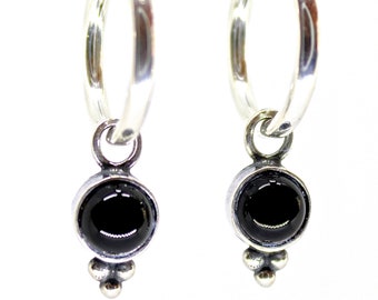 Black onyx earrings, Sterling silver 925 hoop dangle earrings