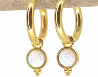 Opal hoop earrings, White opal gold dangle hoop earrings