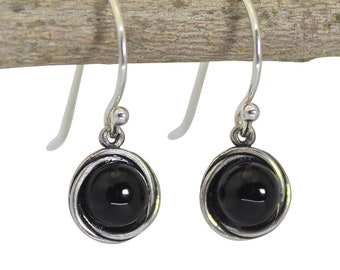 Onyx earrings, Sterling silver 925 round black stone dangle earrings