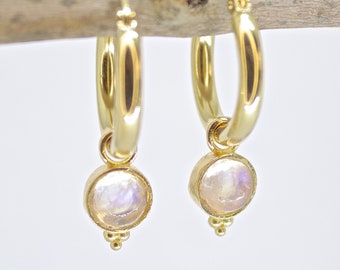 Moonstone earrings, Stone thick gold dangle hoop earrings