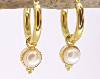 Pearl earrings, Stone thick gold dangle hoop earrings