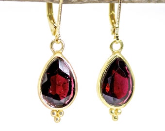 Garnet earrings, Teardrop red stone gold dangle earrings