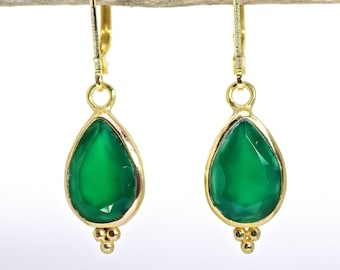 Green Amethyst earrings, Teardrop green stone gold dangle earrings