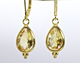 Citrine earrings, Teardrop yellow stone gold dangle earrings