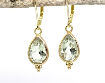 Green Amethyst earrings, Teardrop green stone gold dangle earrings