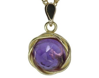 Amethyst gold pendant necklace, Round purple stone pendant, Rose cut stone necklace, Amethyst necklace