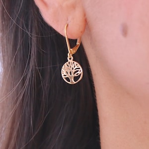 Baum des Lebens Gold baumeln Ohrringe, solide 14k Goldbaum Ohrringe