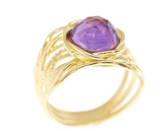 Amethyst ring, Purple stone gold wide chunky ring band