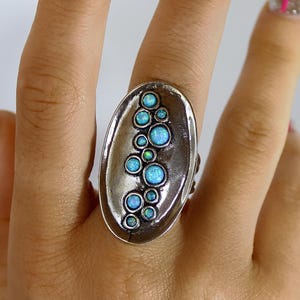 Long silver ring, Multi stones bold ring
