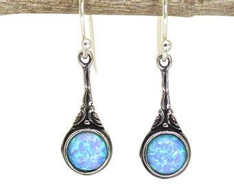 Opal earrings, Sterling silver 925 dangle blue stone earrings