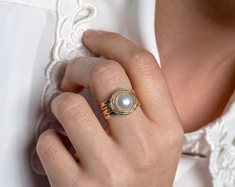 Pearl gold ring, Solid 14k gold wide ring with pearl