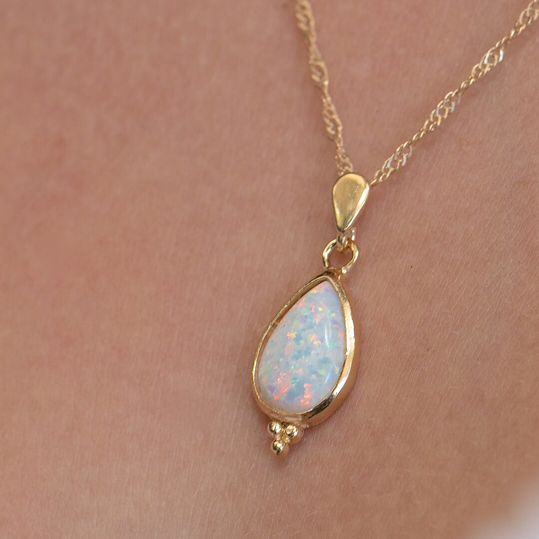 Opal Drop Necklace, Gold White Opal Necklace, Elegant Drop Gold Pendant