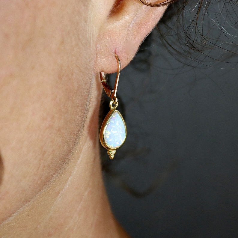 Gold Opal teardrop dangle earrings for woman, Vintage earrings, White opal drop earring image 6