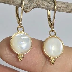 Solid 14k Gold Round Mother of Pearl Dangle Earrings – Real Gold Drop Earrings