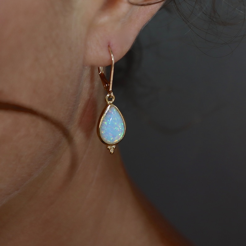 Gold Opal teardrop dangle earrings for woman, Vintage earrings, White opal drop earring image 2