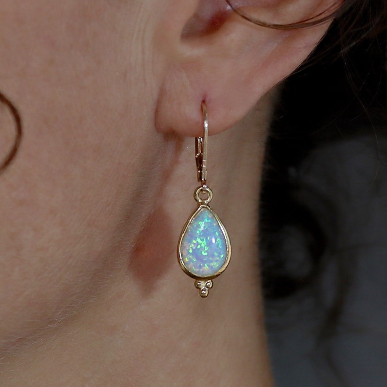 Gold Opal teardrop dangle earrings for woman, Vintage earrings, White opal drop earring image 1