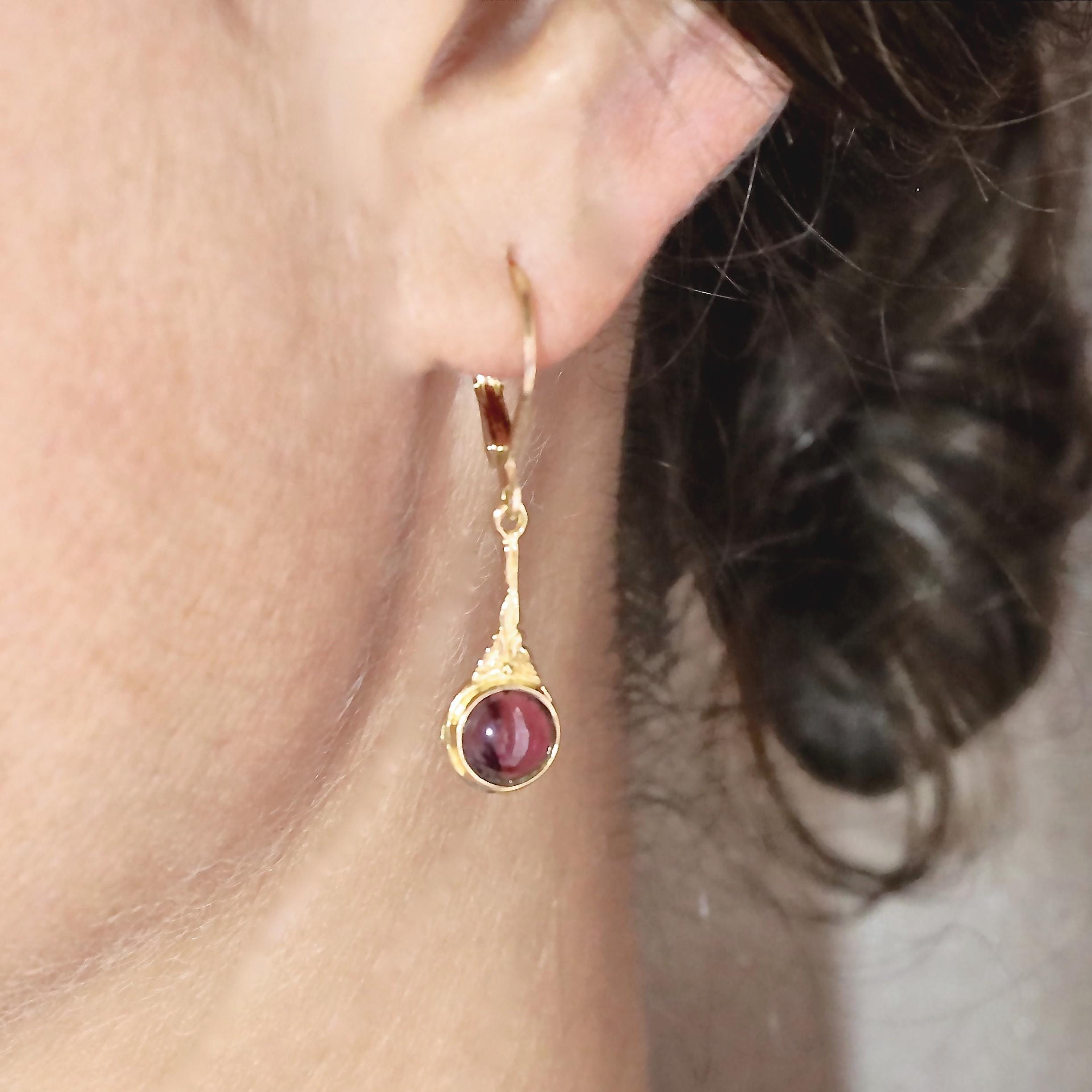 14k gold Garnet dangle earrings, Gold victorian earrings