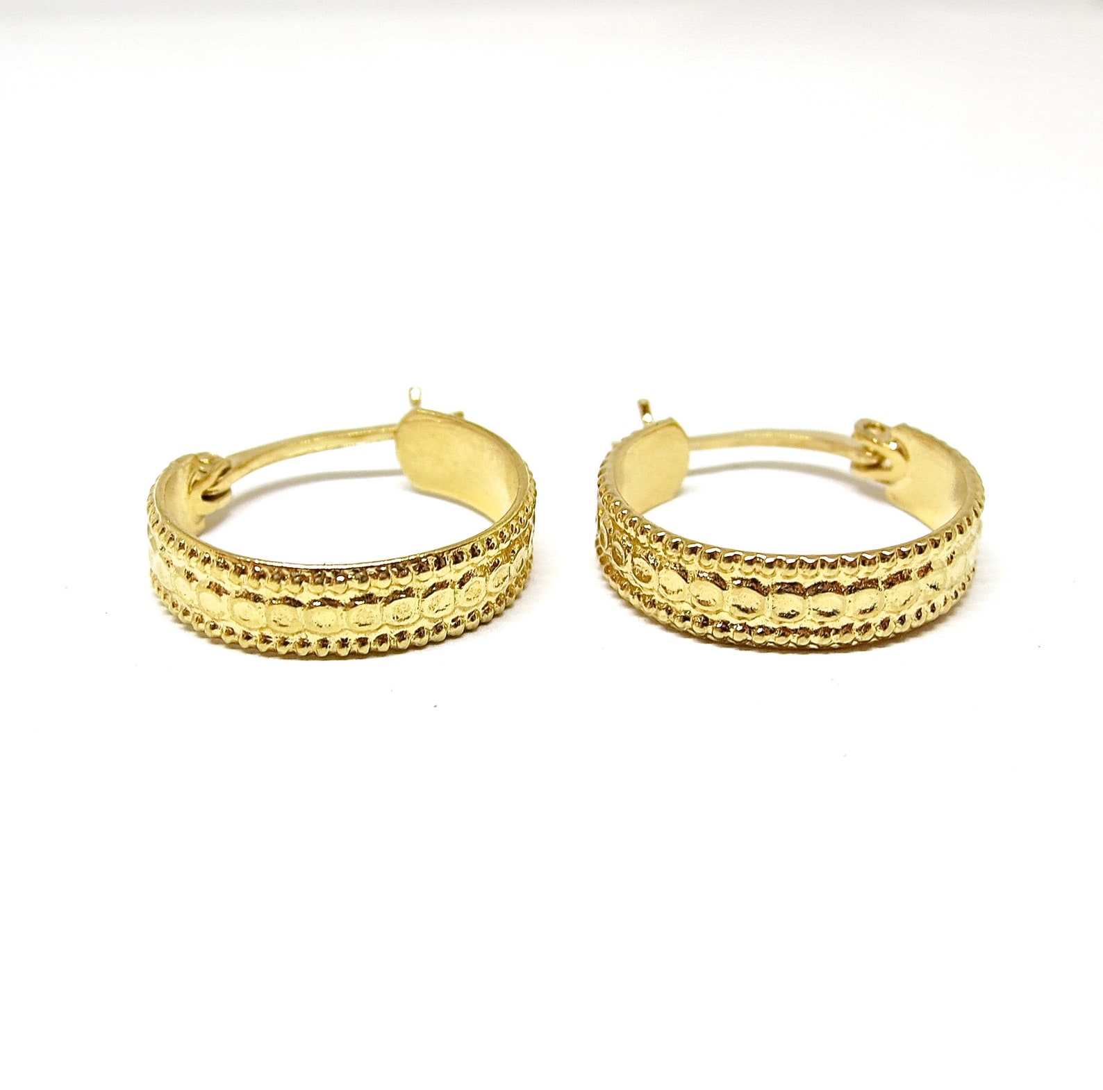 14K Wide Gold Hoop Earrings Solid Gold Hoops Dotted Hoop Etsy