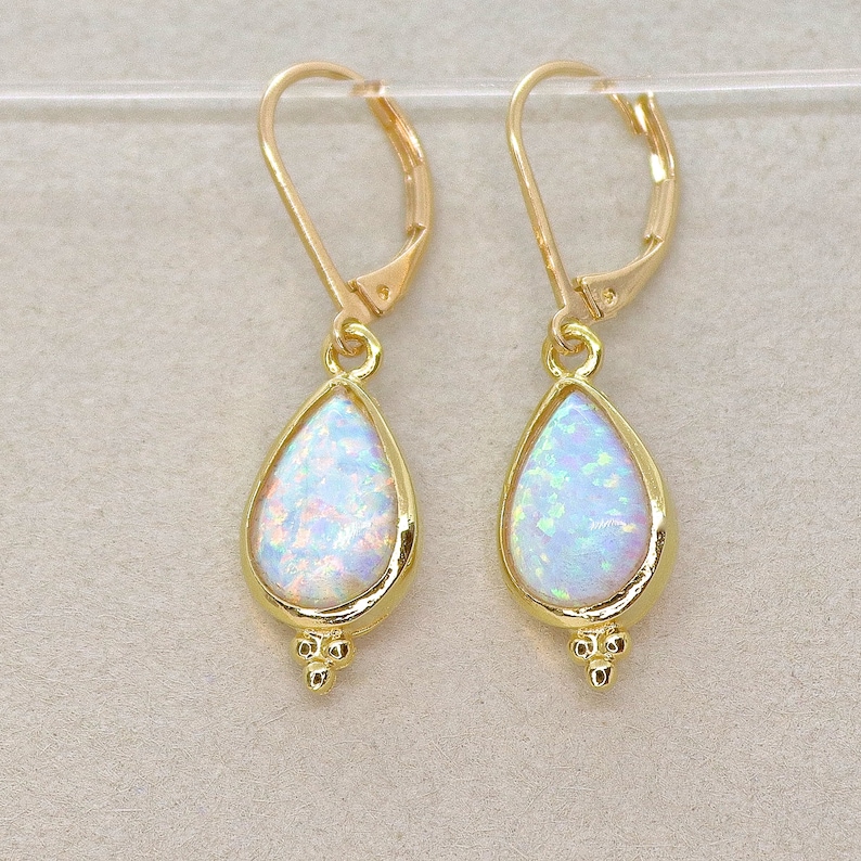 Gold Opal teardrop dangle earrings for woman, Vintage earrings, White opal drop earring image 10