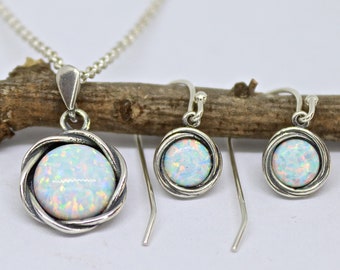 Opal jewelry set, White opal silver 925 earrings and necklace pendant set